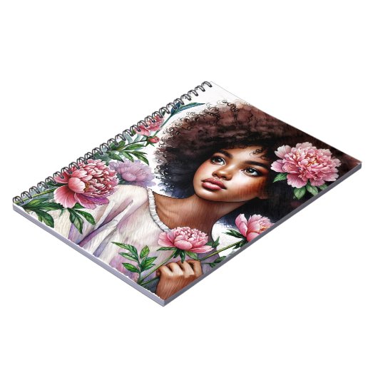 Afro Girl With Peonies Watercolor Notebook Notitieboek (Linkerzijde)