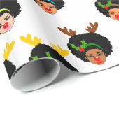 Afro Girls Santa Reindeer Kerstrode neus Cadeaupapier (Rol Hoek)