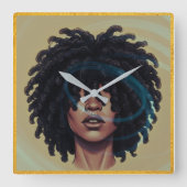 Afro Glow Wall Clock – Modern Black Art Vierkante Klok (Voorkant)