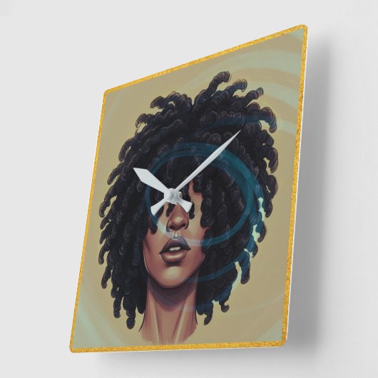 Afro Glow Wall Clock – Modern Black Art Vierkante Klok (Hoek)