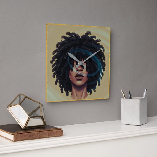 Afro Glow Wall Clock – Modern Black Art Vierkante Klok (Kantoor)