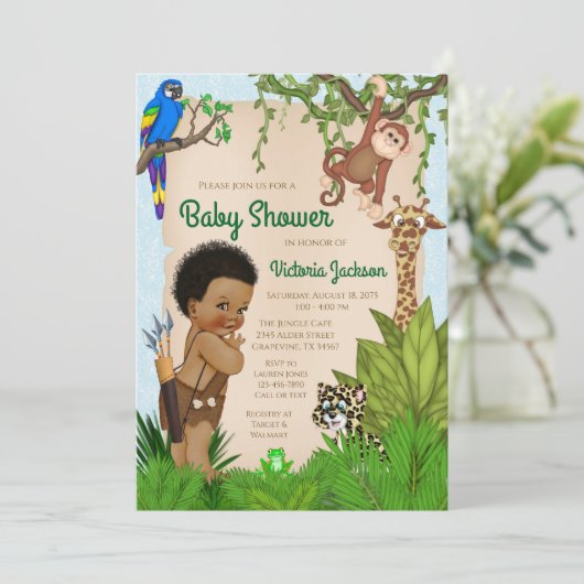 Afro Hair Boy Safari Baby shower Uitnodiging (Staand voorkant)