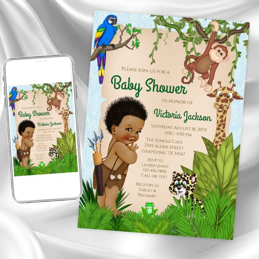 Afro Hair Boy Safari Baby shower Uitnodiging