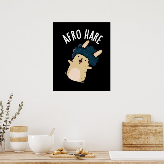 Afro Hare Funny Rabbit met Afro Pun Dark BG Poster (Keuken)