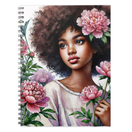 Afro Meisje Met Pioenrozen Watercolor Notitieboek