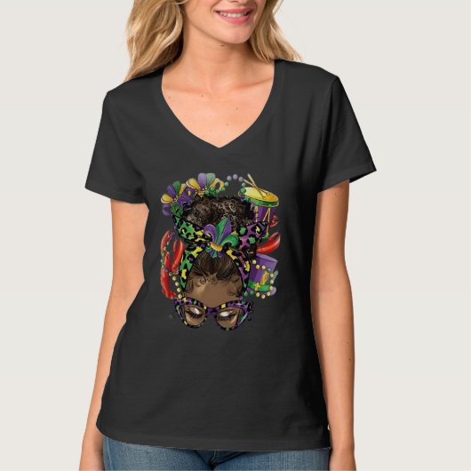 Afro Messy Bun Happy Mardi Gras Black Melanin Wome T-shirt (Voorkant)