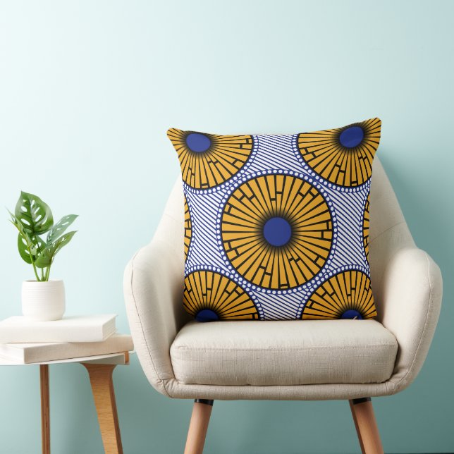 Afro Pop Blauw en Goud Ankara Print Kussen (Stoel)