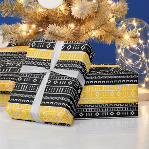 Afro Pop Modern Mud Doek Zwart, Wit & Goud Cadeaupapier