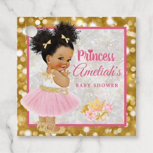 Afro Princess Ballerina Baby Girl Pink|Gold Fancy Bedankjes Labels (Voorkant)
