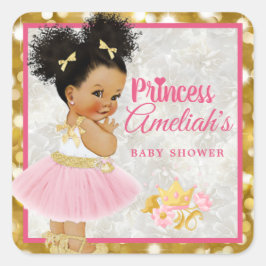 Afro Princess Ballerina Baby Girl Pink|Gold Fancy Vierkante Sticker