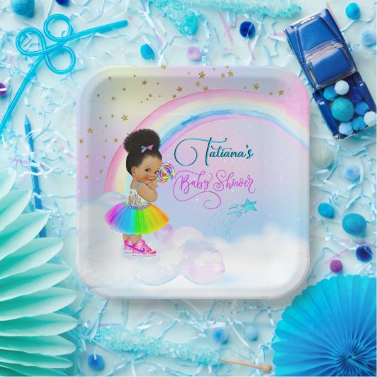 Afro Puff Baby Girl Pastel Rainbow Baby shower Papieren Bordje (Feest)