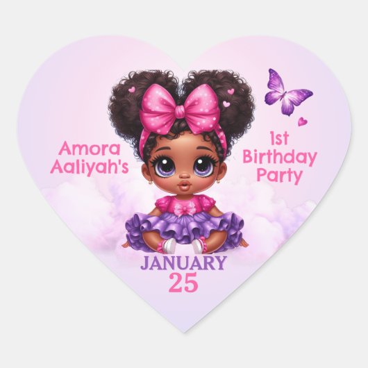 Afro Puff Baby Meisje Roze/Paarse Vlinder Verjaard Hart Sticker (Voorkant)