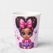 Afro Puff Baby Meisje Roze/Paarse Vlinder Verjaard Papieren Bekers (Achterkant)