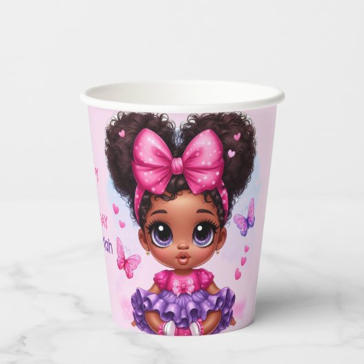Afro Puff Baby Meisje Roze/Paarse Vlinder Verjaard Papieren Bekers (Achterkant)