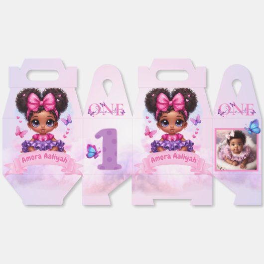 Afro Puff Baby meisje vlinder foto 1e verjaardag Bedankdoosjes (Ongevouwen)