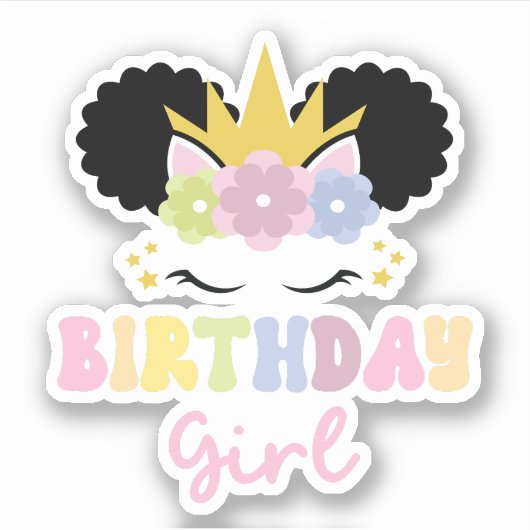 Afro Puff Curly Hair Unicorn Birthday Girl Sticker (Voorkant)