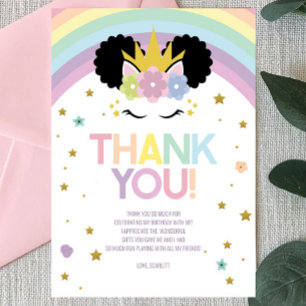 Afro Puff Eenhoorn en Regenbogen Verjaardagsfeestj Bedankkaart