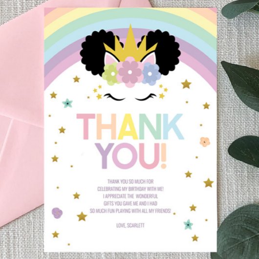 Afro Puff Eenhoorn en Regenbogen Verjaardagsfeestj Bedankkaart