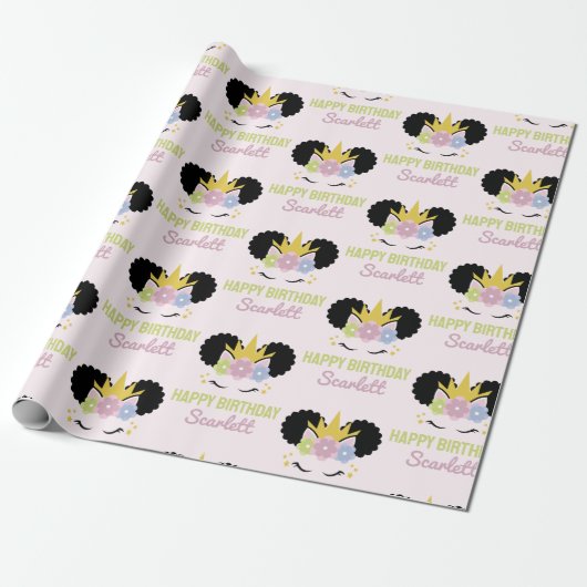 Afro Puff Unicorn African American Birthday Party Cadeaupapier (Uitgerold)
