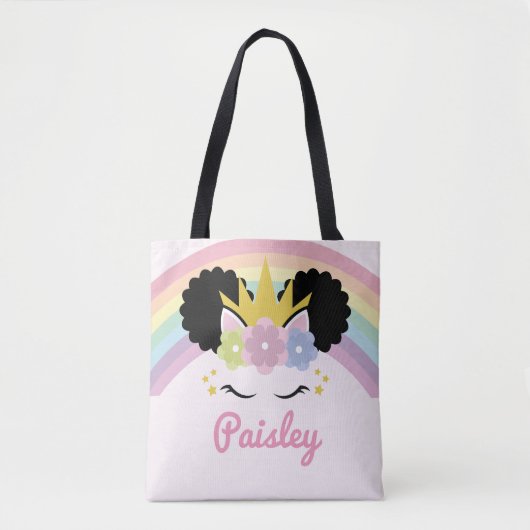 Afro Puff Unicorn Curly Hair Custom Name Tote Bag (Voorkant)