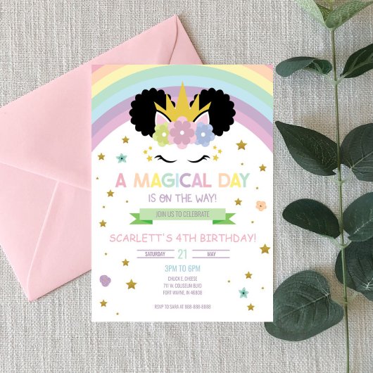 Afro Puff Unicorn en Rainbows Birthday Invitation Kaart