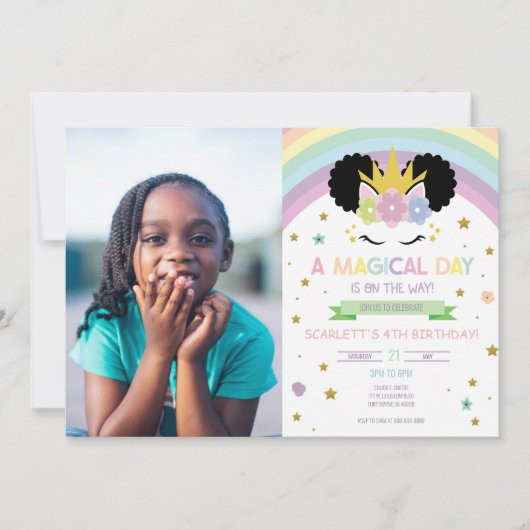 Afro Puff Unicorn en Rainbows Birthday Party Kaart (Voorkant)