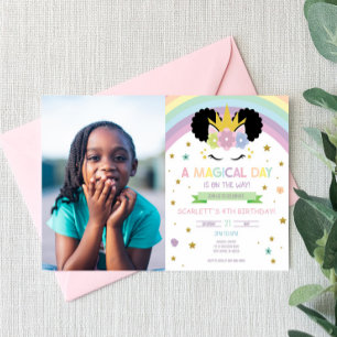 Afro Puff Unicorn en Rainbows Birthday Party Kaart