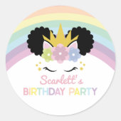 Afro Puff Unicorn Rainbows Birthday Party Favor Ronde Sticker (Voorkant)