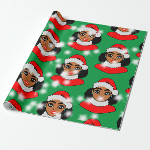 Afro Santa Puffs Black Girl Kerstmis Cadeaupapier