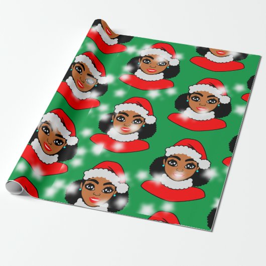 Afro Santa Puffs Black Girl Kerstmis Cadeaupapier (Uitgerold)