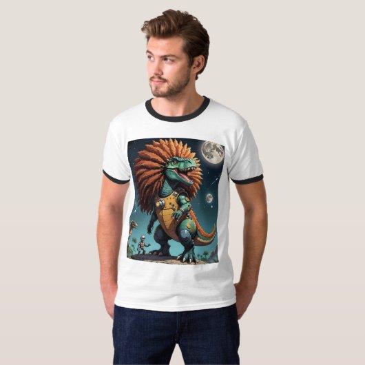 Afro Space Dino Cosmic Robot Oerwoud Tshirt (Voorkant volledig)