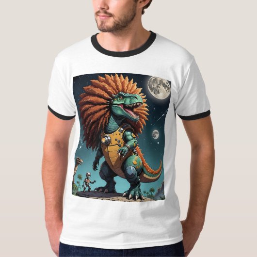 Afro Space Dino Cosmic Robot Oerwoud Tshirt (Voorkant)