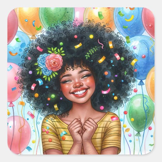 Afro Verjaardag Meisje Met Bruine Huid Waterverf Vierkante Sticker (Voorkant)
