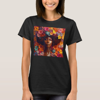 Afro Vrouw Bloemen Zwarte Koningin Melanine Opgebl T-shirt
