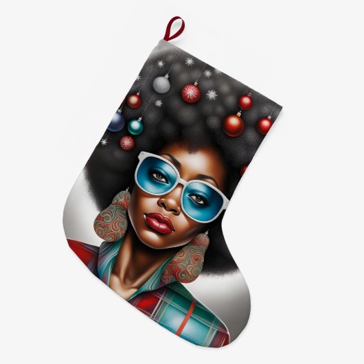 Afro vrouw elegante en bizarre vakantie stemming grote kerstsok (Voorkant (Hangend))