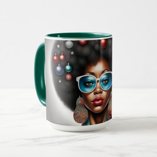 Afro vrouw elegante en bizarre vakantie stemming mok (Voorkant links)