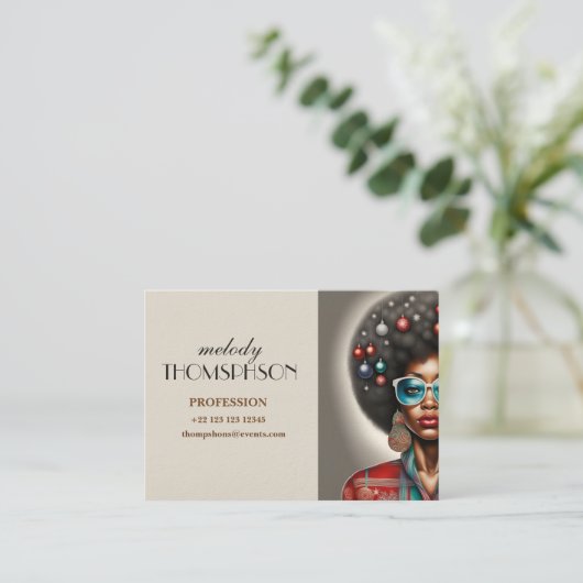 Afro vrouw elegante en bizarre vakantie stemming visitekaartje (Staand voorkant)