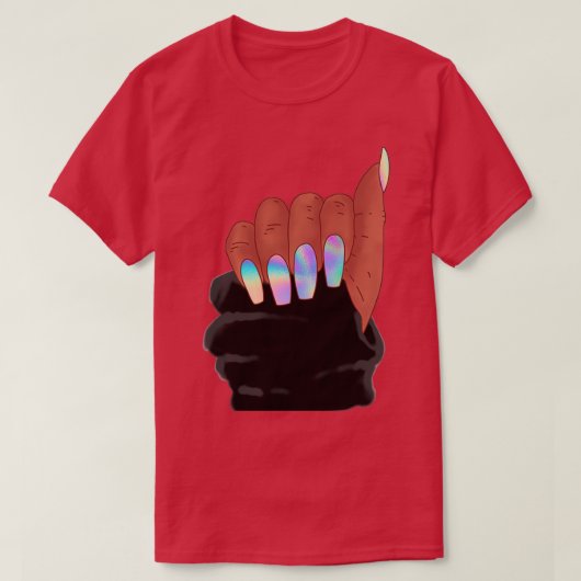 Afro-vrouw hand met holograafnagels t-shirt (Design voorkant)