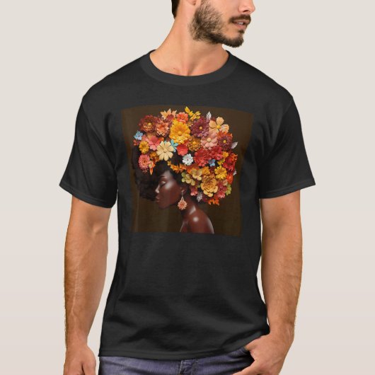 Afro Woman Floral Black Queen Puff Melanin Magic F T-shirt (Voorkant)