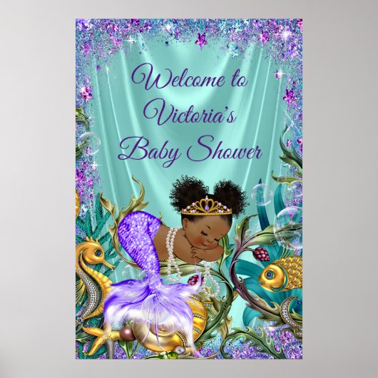 Afro Zeemeermin Baby Shower Ontvangstbord Poster (Voorkant)