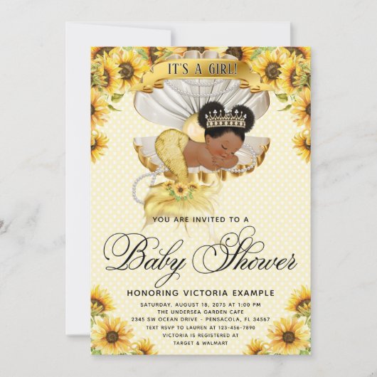 Afro Zeemeermin Zonnebloem Baby shower Uitnodiging (Voorkant)