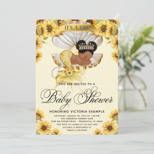 Afro Zeemeermin Zonnebloem Baby shower Uitnodiging (Staand voorkant)