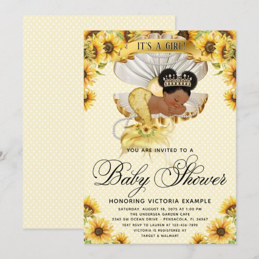 Afro Zeemeermin Zonnebloem Baby shower Uitnodiging (Voorkant / Achterkant)