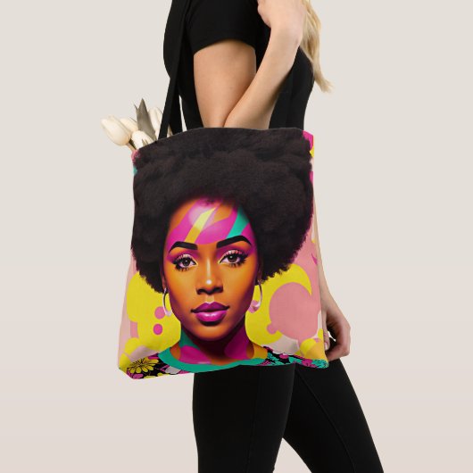Afro Zwart Vrouw Kleurrijke Pop Art Tote Bag (Dichtbij)