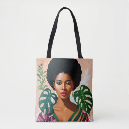 Afro Zwart Vrouw Monstera Deliciosa Botanisch Tote Bag