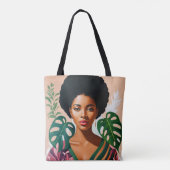 Afro Zwart Vrouw Monstera Deliciosa Botanisch Tote Bag (Achterkant)