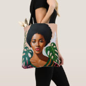 Afro Zwart Vrouw Monstera Deliciosa Botanisch Tote Bag (Dichtbij)