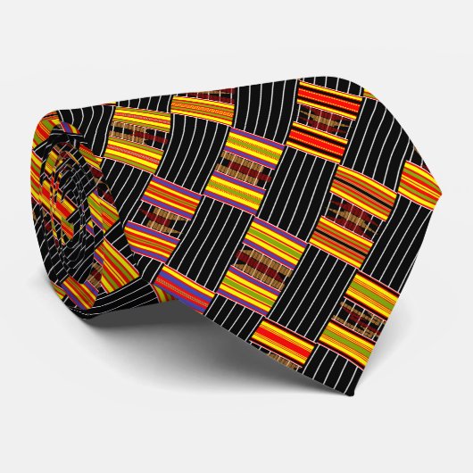Afrocentric Bright Kente Black Pinstripe Stropdas (Opgerold)