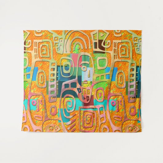 Afrocentric Geometric in Bold Orange & Chrome –  Wandkleed (Voorkant (horizontaal))