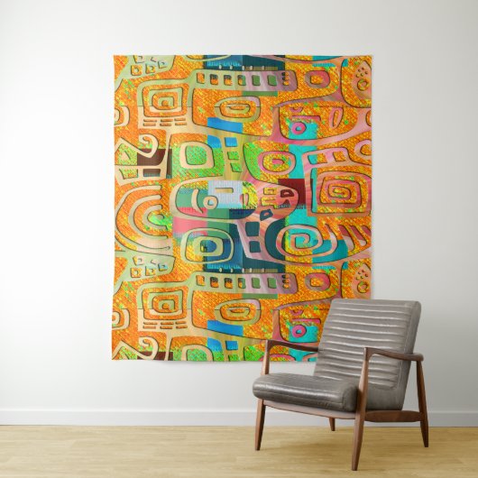 Afrocentric Geometric in Bold Orange & Chrome –  Wandkleed (In situ)